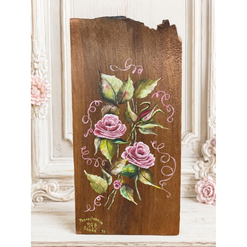 Vintage Wood Hand Painted Plaque Folk Art Rose Flower Raw Edges 1979 Signed